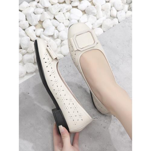 夏季媽媽洞洞鞋包頭軟底防滑真皮單鞋中老年透氣粗跟鏤空皮涼鞋女