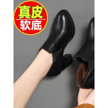 紅晴綖高跟短靴女春秋單靴真皮粗跟秋冬季百搭黑色小皮鞋大碼女鞋