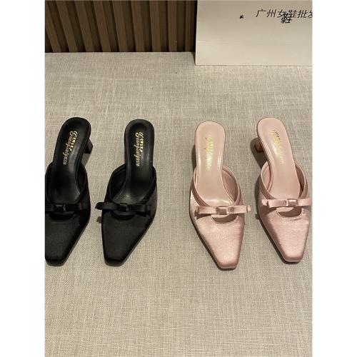 韓版緞面一字蝴蝶結粗跟包頭拖鞋2024夏季新款鏤空半拖外穿涼拖鞋