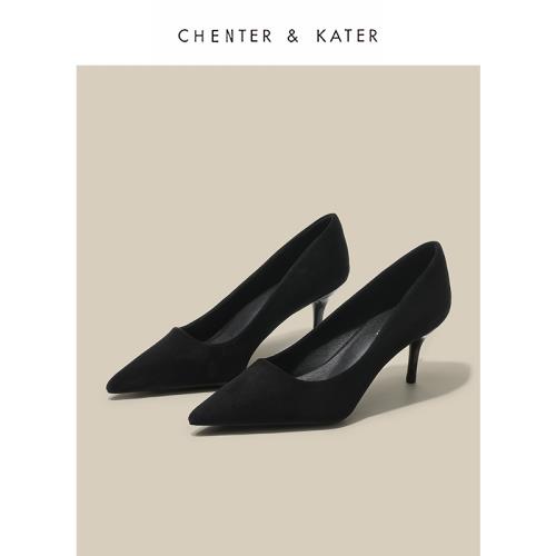 小香風尖頭春季淺口黑色高跟鞋