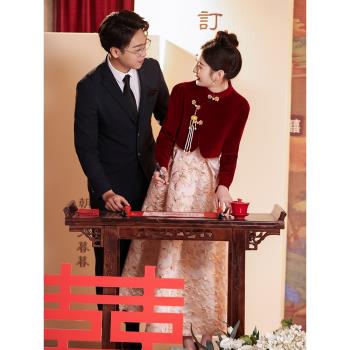 新中式旗袍敬酒服2023新款新娘紅色回門便裝秋冬季長袖訂婚禮服裙