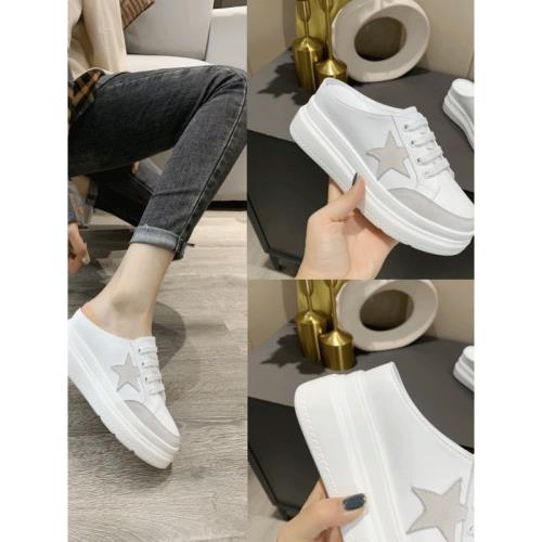 包頭半拖鞋女夏厚底內增高7CM松糕星星小白鞋懶人無后跟拖鞋外穿