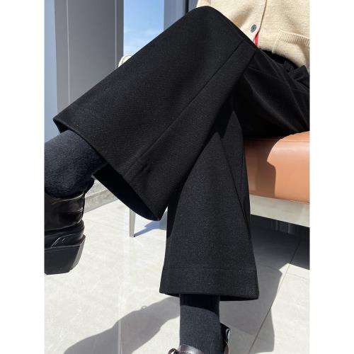 黑色毛呢西裝褲子女秋冬季小個子顯高九分寬松高腰直筒窄版闊腿褲