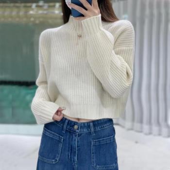 歐貨高階短款100純山羊絨衫女秋冬季白色半高領寬松加厚打底毛衣