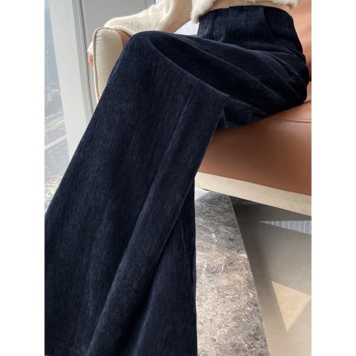 藏青色慵懶燈芯絨加絨糯米褲子女秋冬季寬松直筒雪尼爾窄版闊腿褲