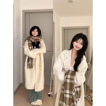 白色毛呢嘉興雙面呢大衣2024新款呢子外套女秋冬高階感韓系慵懶風