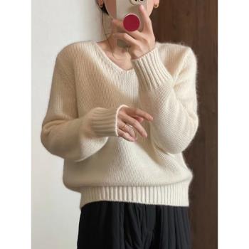 歐貨v領100純山羊絨衫女秋冬季新款寬松慵懶高階針織內搭打底毛衣