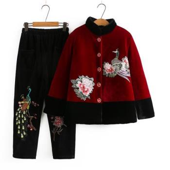 奶奶冬裝加厚絲絨繡花外套女70歲老人保暖衣服老太太棉衣棉褲套裝