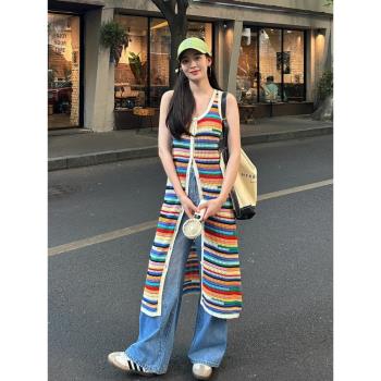 無袖撞色條紋針織長款背心開衫女2025新款夏季小眾設計感吊帶上衣