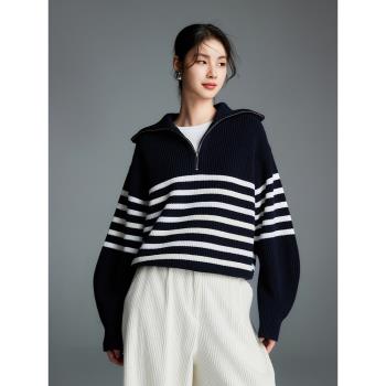 初棉重磅海軍領毛衣女 24冬季拉鏈半開襟條紋加厚保暖羊毛針織衫