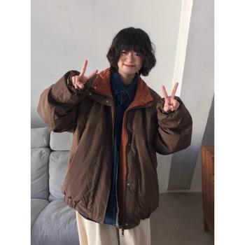 日系復古美拉德雙面穿工裝棉服男女潮牌冬季保暖加厚麵包棉衣外套