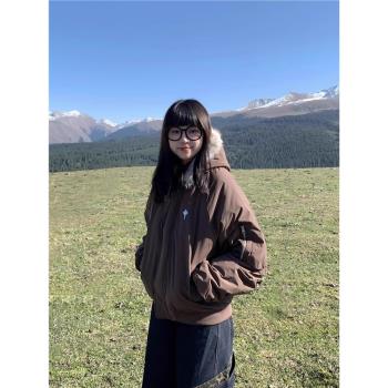 美式復古毛領連帽棉服外套女2024年冬季cleanfit保暖加厚短款棉襖