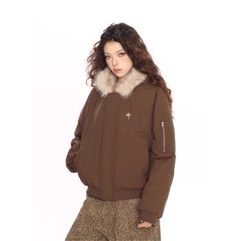 美式復古設計感工裝連帽毛毛領棉服外套女冬季派克服加厚短款棉襖