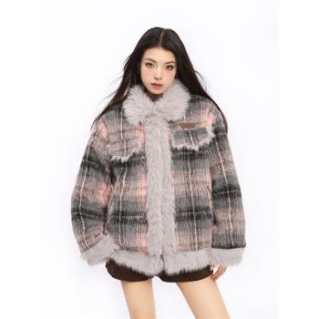 BIGGOLD美式毛毛拼接格子外套棉服女冬季高階感加厚羊羔毛呢棉襖