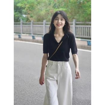 法式黑色V領正肩冰絲針織短袖T恤女夏季設計感體恤Polo衫別致上衣