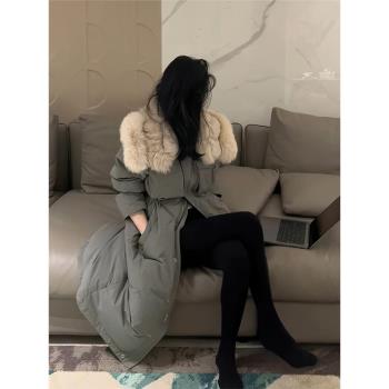 寬松羽絨服女款冬季中長款2025新款仿狐貍大毛領收腰90白鴨絨外套