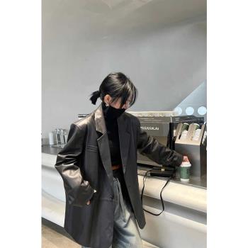 酷颯洋氣真皮皮衣綿羊皮皮西裝外套女高級感2024新款中長款西服
