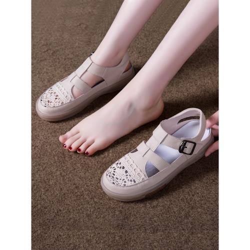 平底包腳涼鞋女款夏季2023新款百搭低跟真皮軟底包頭豬籠女鞋外穿