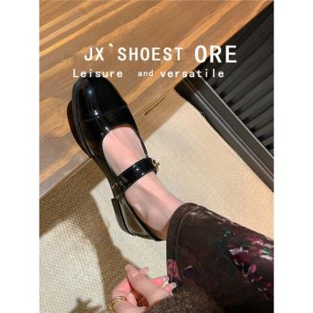 瑪麗珍女鞋子2025年春秋冬新款百搭平底單鞋低跟黑色小皮鞋子真皮