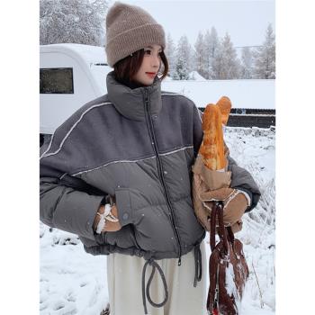 立領短款PU皮拼接羽絨服女冬季休閑運動風寬松顯瘦加厚白鴨絨外套
