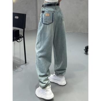 藍色ins時尚胖mm洋氣哈倫牛仔褲