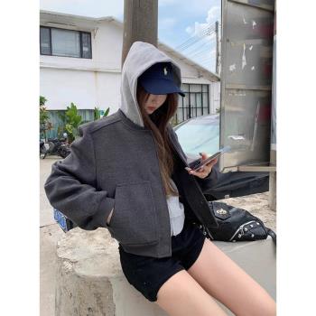 復古短款夾克外套女秋冬季新款設計感拉鏈棒球服連帽衛衣兩件套裝