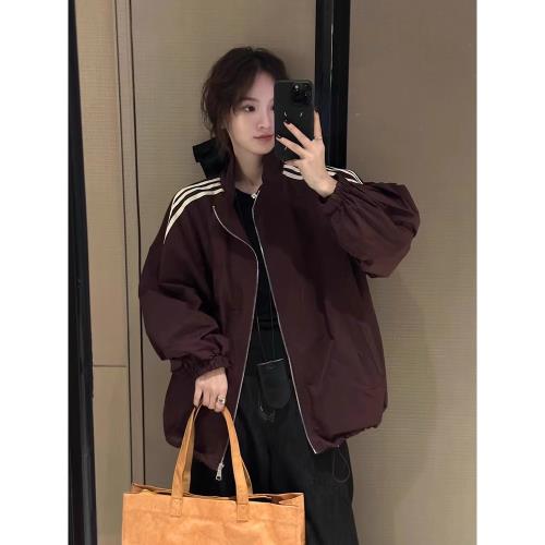 韓版時尚三條杠棒球服外套女2024秋季新款休閑寬松夾克立領開衫潮