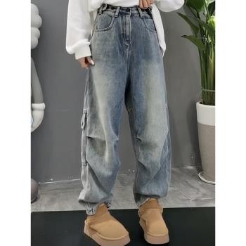 直筒加厚加絨工裝牛仔褲女潮ins春季洋氣時尚胖mm高腰寬松闊腿褲