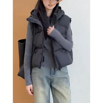 輕柔泡芙連帽羽絨服馬甲女短款秋冬新款保暖輕薄時尚百搭坎肩外套