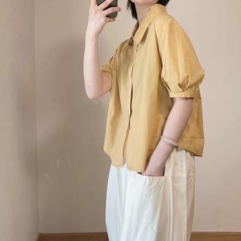 日系復古泡泡短袖襯衫女夏季新款設計感小眾短袖翻領寬松薄款上衣
