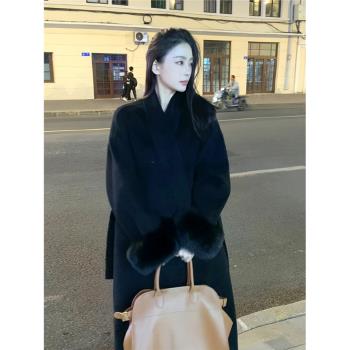 2025新款袖口仿狐貍毛皮草女中長款赫本毛雙面呢羊毛大衣呢外套女