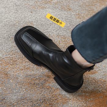 方頭短靴女2024新款秋季真皮馬丁靴復古軟底切爾西瘦瘦靴黑色靴子
