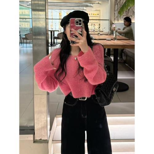 粉色馬海毛軟糯毛衣女秋冬季2025新款時尚百搭小個子短款針織上衣
