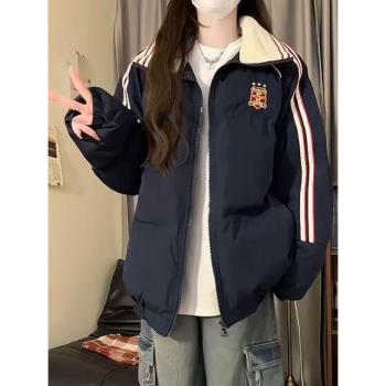 慵懶風翻領條紋刺繡麵包服外套女冬季新款兩條槓保暖學生棉服女潮