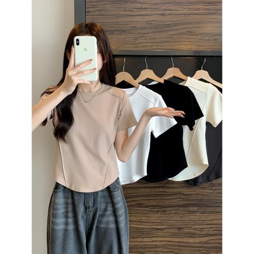 設計感正肩魚骨奶杏色t恤夏季新款ins減齡不規則收腰顯瘦短袖上衣