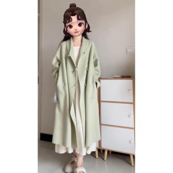 綠色毛呢外套2024秋冬裝新中式國風旗袍連衣裙中長款呢子大衣女