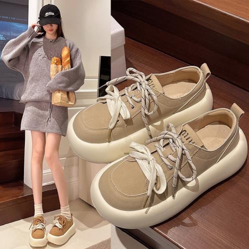 丑萌大頭面包鞋女松糕厚底運動板鞋2025春季新款雙鞋帶增高休閑鞋