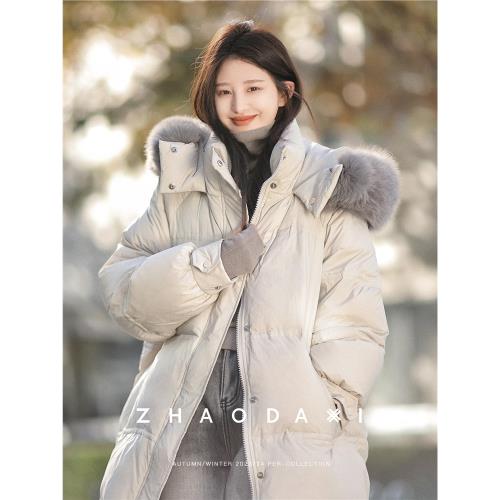 大毛領連帽90白鴨絨羽絨服女2025冬新款加厚灰色外套寬松面包服女