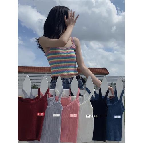 韓版修身內搭彩虹條紋針織背心吊帶女夏季露臍短款外穿無袖bm上衣