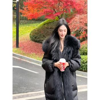 2025黑色冬季新款鴨絨羽絨服女休閑長款仿狐貍毛皮草大毛領外套女
