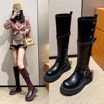牛皮版~真皮厚底美拉德長筒靴女2024新款秋冬復古增高筒騎士靴子