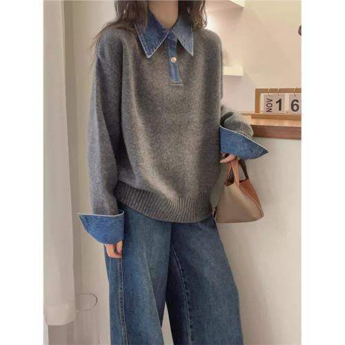 歐洲站2025冬季新款韓版氣質Polo領牛仔拼接針織衫假兩件毛衣女裝