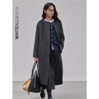 素典灰色連帽羊毛大衣女秋冬高階感2024新款氣質長款雙面毛呢外套