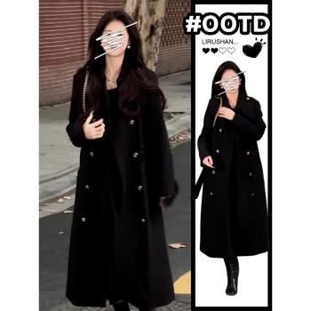 赫本風小個子黑色毛呢子外套大衣女秋冬季2024新款爆款中長款加厚
