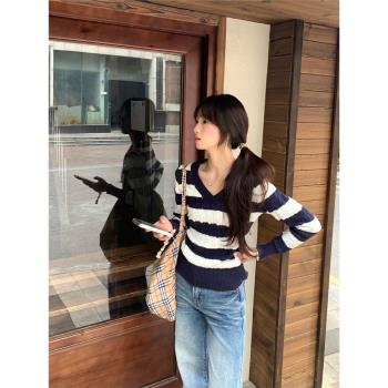 純欲v領麻花設計長袖針織衫女秋冬季軟糯條紋修身內搭打底衫上衣