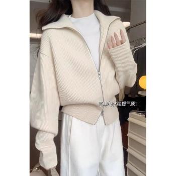 慵懶風雙拉鏈翻領針織開衫女秋冬加厚高階感軟糯毛衣外套短款上衣