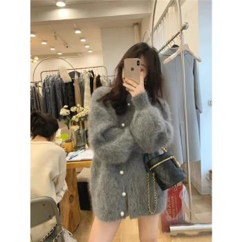 韓版2024秋冬上新長毛貂絨毛衣外套女中長款寬松加厚慵懶針織開衫