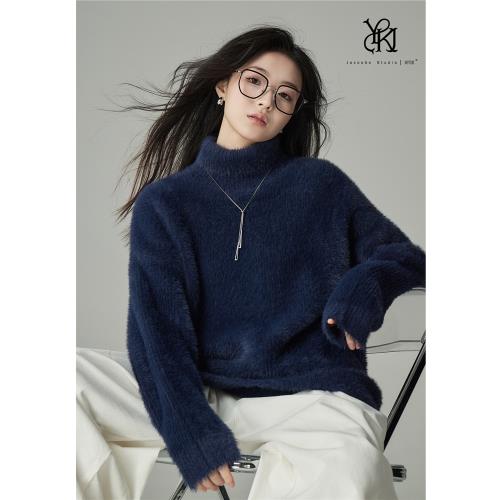 婭可家鳶尾藍仿水貂絨高領套頭毛衣女秋冬慵懶風軟糯保暖寬松上衣