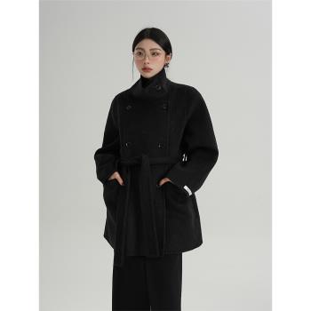 SRYSAME高階感立領中長款毛呢外套黑色大衣雙排扣呢子秋冬季女裝