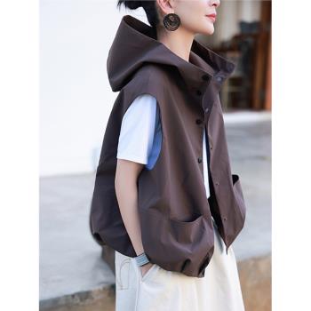 高階感無袖時髦休閑連帽馬甲外套女秋季2025美式新款復古小眾上衣